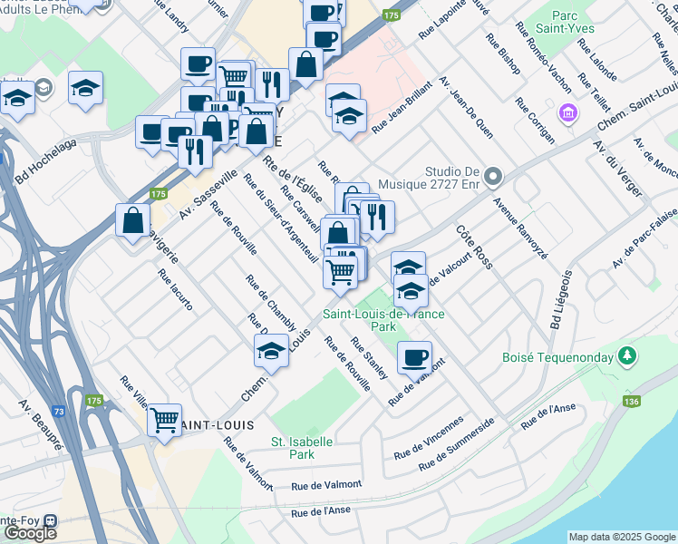 map of restaurants, bars, coffee shops, grocery stores, and more near 2900 Chemin Saint-Louis in Québec