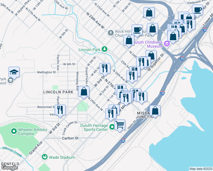 map of restaurants, bars, coffee shops, grocery stores, and more near 2707 West 2nd Street in Duluth