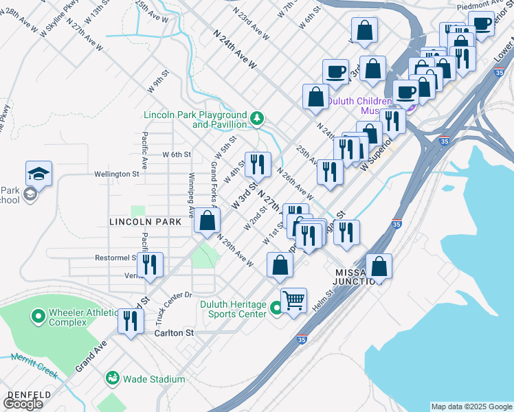map of restaurants, bars, coffee shops, grocery stores, and more near 2707 West 2nd Street in Duluth
