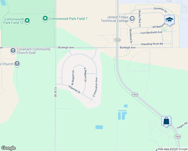 map of restaurants, bars, coffee shops, grocery stores, and more near 3706 East Princeton Drive in Bismarck