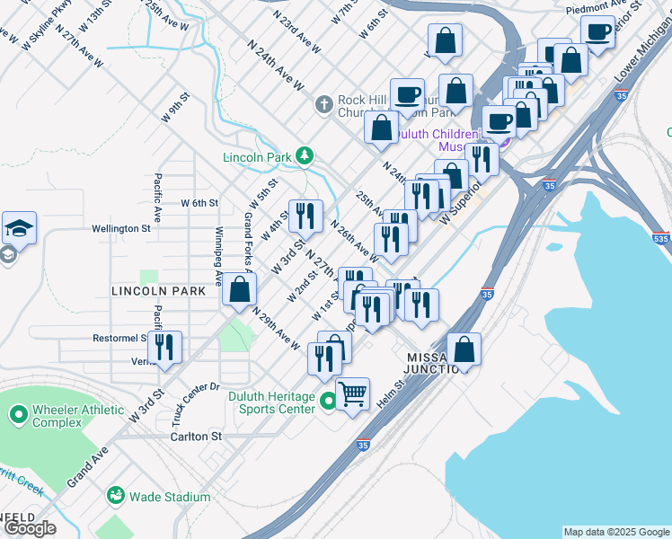 map of restaurants, bars, coffee shops, grocery stores, and more near 116 North 27th Avenue West in Duluth