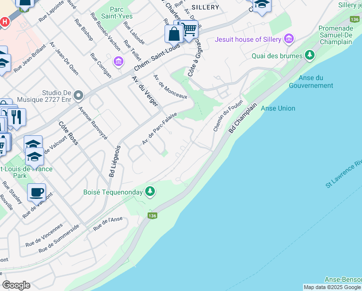 map of restaurants, bars, coffee shops, grocery stores, and more near 2580 Rue du Plaza in Ville de Québec