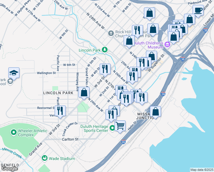 map of restaurants, bars, coffee shops, grocery stores, and more near 2707 West 2nd Street in Duluth