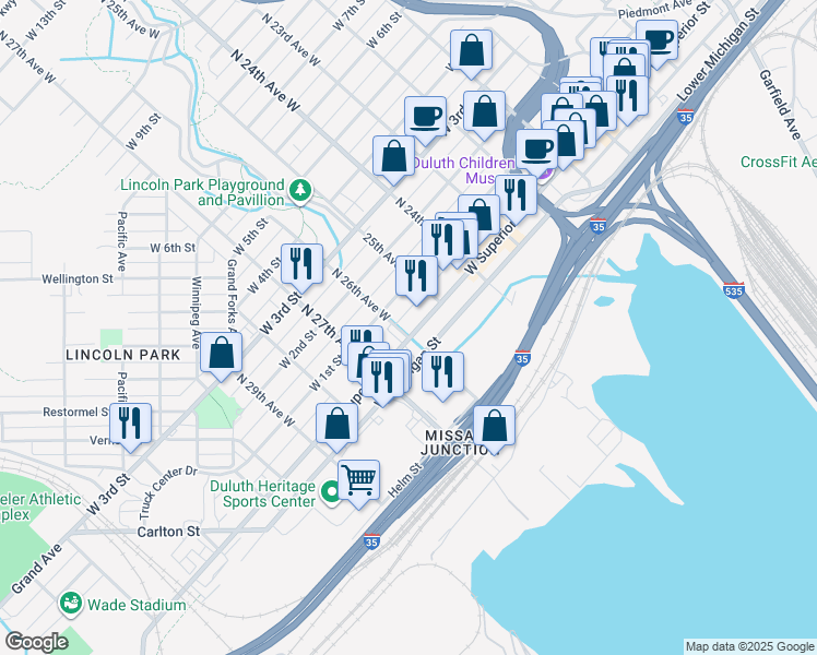 map of restaurants, bars, coffee shops, grocery stores, and more near 2521 West Superior Street in Duluth