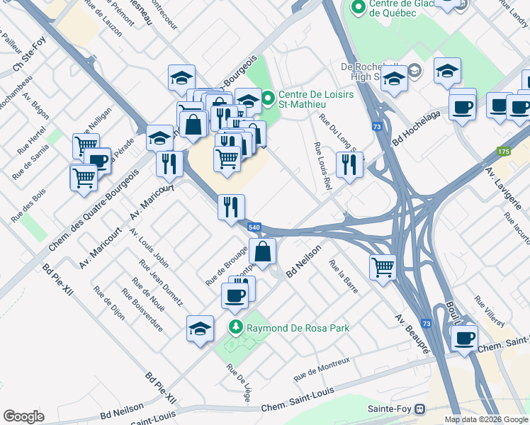 map of restaurants, bars, coffee shops, grocery stores, and more near 3315 Rue France Prime in Quebec