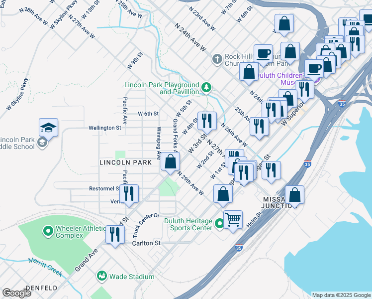 map of restaurants, bars, coffee shops, grocery stores, and more near 308 North 28th Avenue West in Duluth