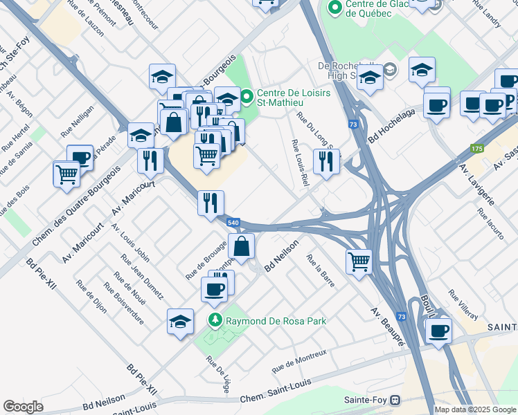 map of restaurants, bars, coffee shops, grocery stores, and more near 3225 Rue France Prime in Quebec