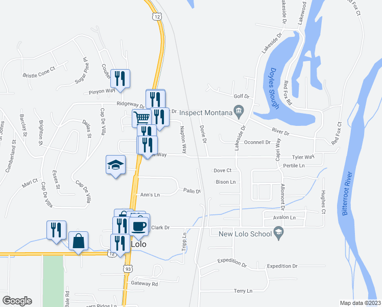map of restaurants, bars, coffee shops, grocery stores, and more near 122 Tyler Way in Lolo