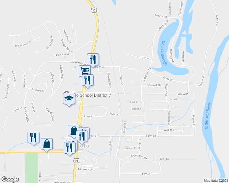 map of restaurants, bars, coffee shops, grocery stores, and more near 11330 Napton Way in Lolo