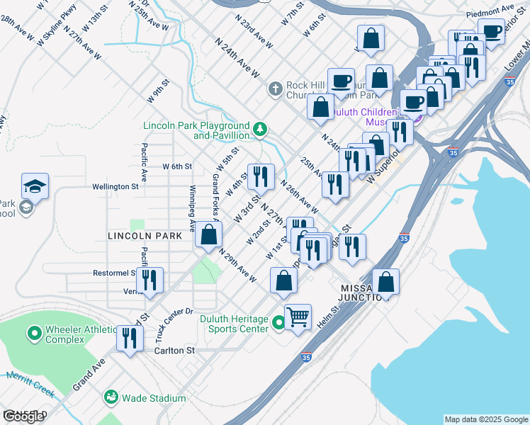 map of restaurants, bars, coffee shops, grocery stores, and more near 2707 West 2nd Street in Duluth
