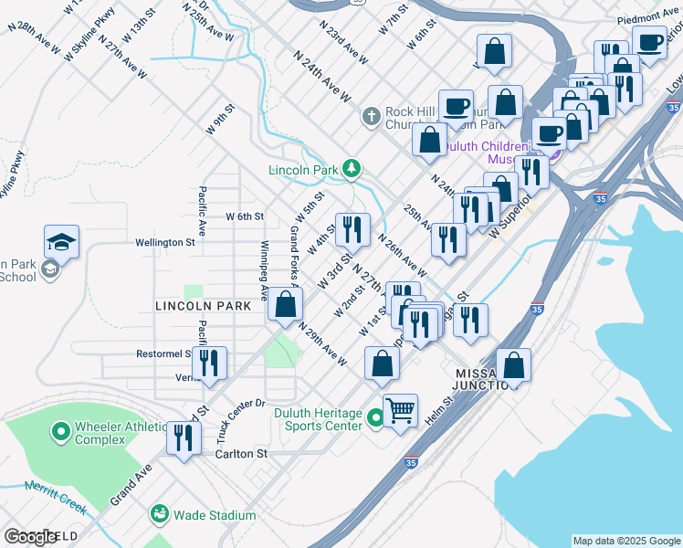 map of restaurants, bars, coffee shops, grocery stores, and more near 2712 West 3rd Street in Duluth