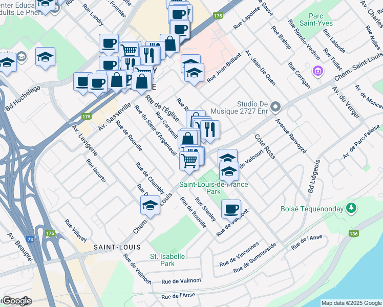 map of restaurants, bars, coffee shops, grocery stores, and more near 2900 Chemin Saint-Louis in Québec