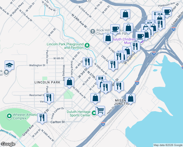 map of restaurants, bars, coffee shops, grocery stores, and more near 2707 West 2nd Street in Duluth
