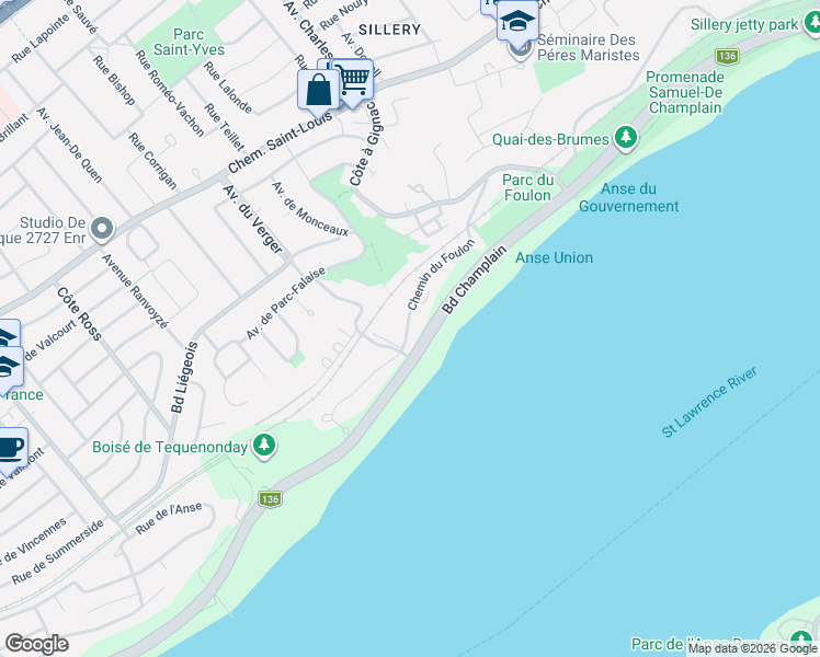 map of restaurants, bars, coffee shops, grocery stores, and more near 2325 Chemin du Foulon in Québec City