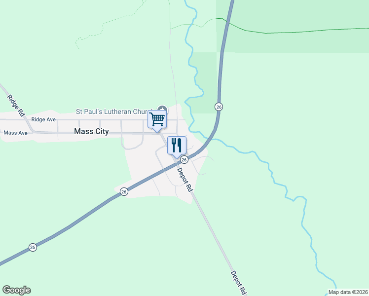 map of restaurants, bars, coffee shops, grocery stores, and more near 1328 Highway 26 in Mass City