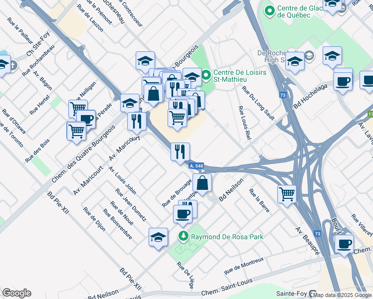 map of restaurants, bars, coffee shops, grocery stores, and more near 3330 Rue France Prime in Ville de Québec