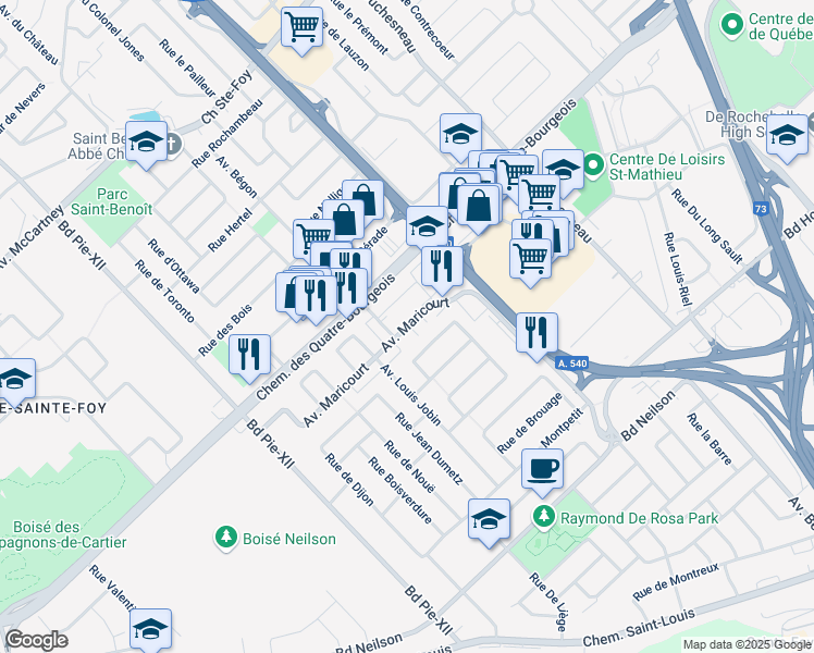 map of restaurants, bars, coffee shops, grocery stores, and more near Avenue Maricourt in Ville de Québec