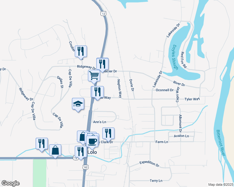 map of restaurants, bars, coffee shops, grocery stores, and more near 113 Tyler Way in Lolo