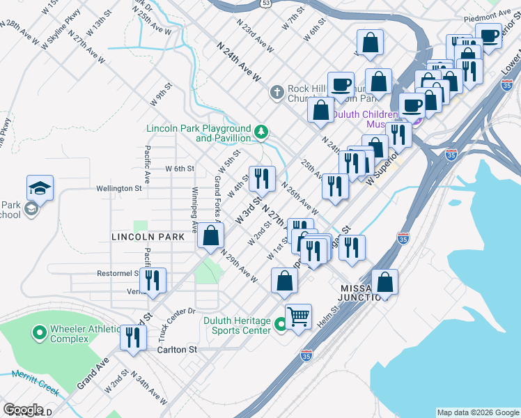 map of restaurants, bars, coffee shops, grocery stores, and more near 2707 West 2nd Street in Duluth