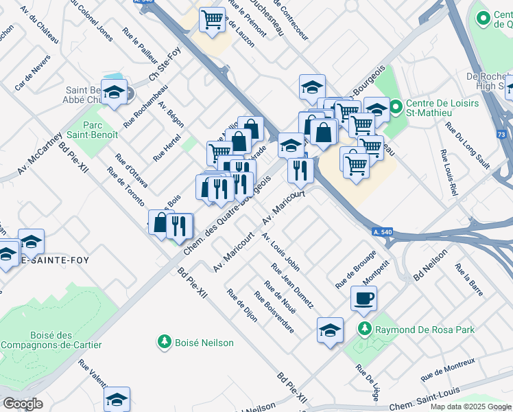 map of restaurants, bars, coffee shops, grocery stores, and more near 924 Avenue Bégon in Ville de Québec