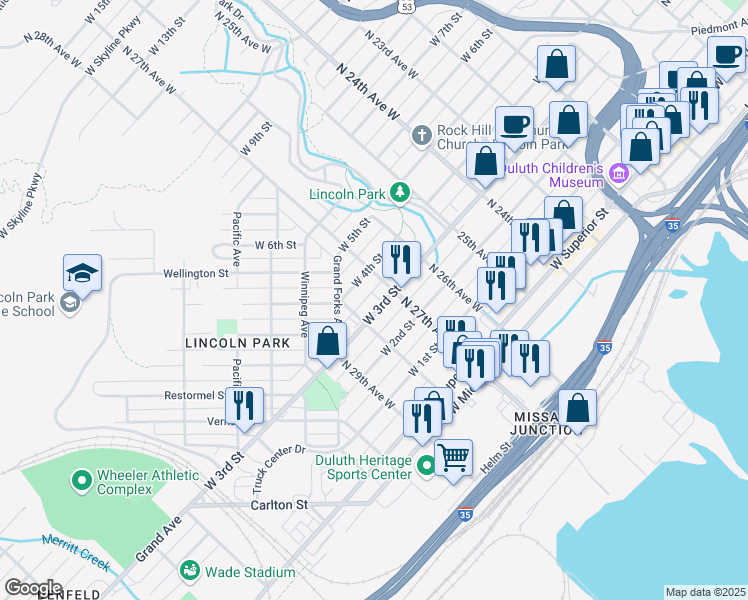 map of restaurants, bars, coffee shops, grocery stores, and more near 2724b West 3rd Street in Duluth