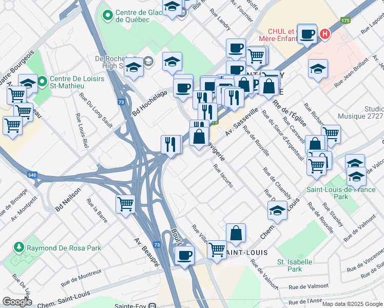 map of restaurants, bars, coffee shops, grocery stores, and more near 3111 Avenue des Hôtels in Québec