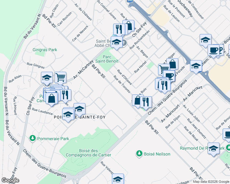 map of restaurants, bars, coffee shops, grocery stores, and more near 868 Boulevard Pie-XII in Québec