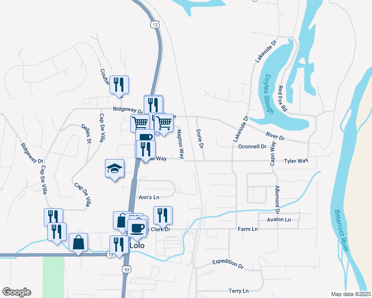 map of restaurants, bars, coffee shops, grocery stores, and more near 11330 Napton Way in Lolo
