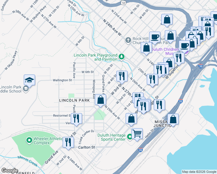 map of restaurants, bars, coffee shops, grocery stores, and more near 2724b West 3rd Street in Duluth