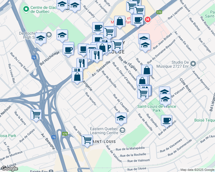 map of restaurants, bars, coffee shops, grocery stores, and more near 2956 Rue des Grondines in Quebec