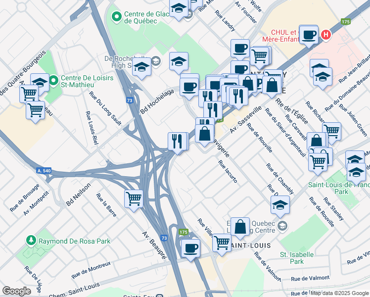 map of restaurants, bars, coffee shops, grocery stores, and more near 3111 Avenue des Hôtels in Quebec City