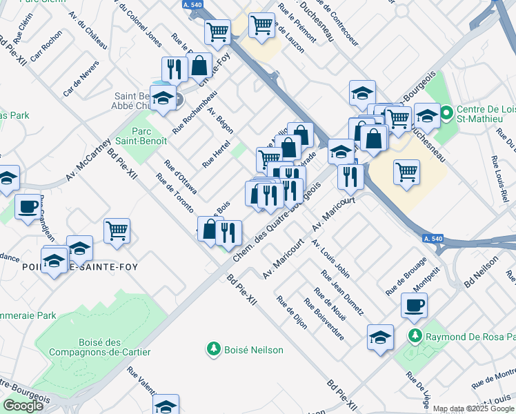 map of restaurants, bars, coffee shops, grocery stores, and more near 3460 Rue de la Pérade in Quebec