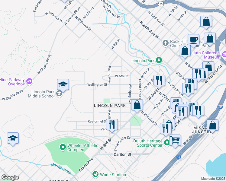 map of restaurants, bars, coffee shops, grocery stores, and more near 2924 Wicklow Street in Duluth