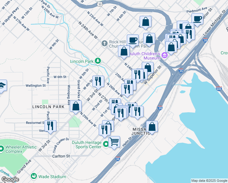 map of restaurants, bars, coffee shops, grocery stores, and more near 121 North 26th Avenue West in Duluth