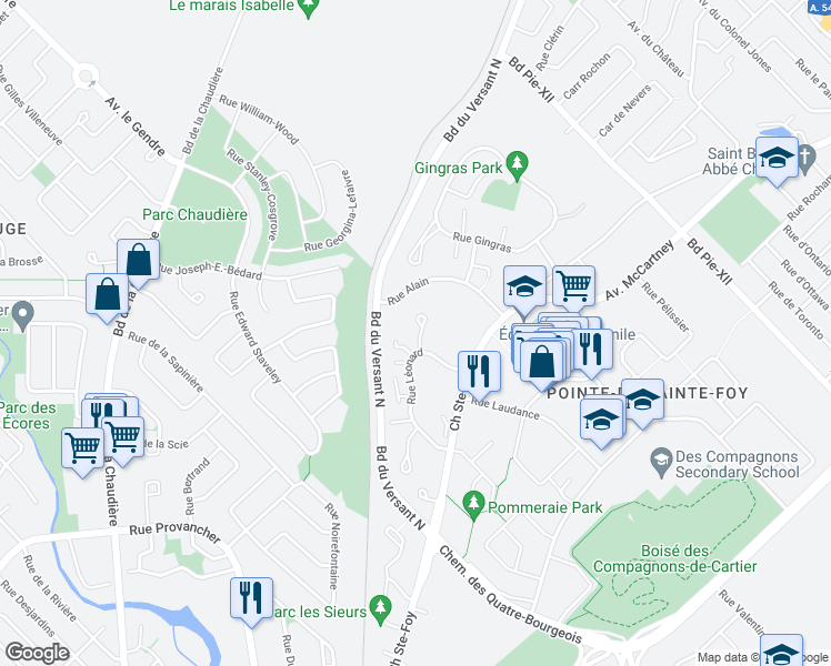 map of restaurants, bars, coffee shops, grocery stores, and more near 3740 Rue Destor in Québec