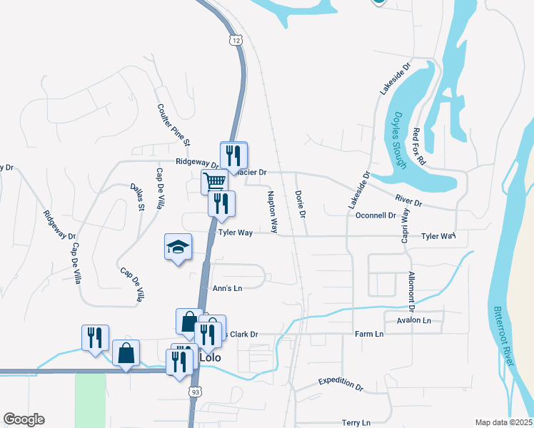 map of restaurants, bars, coffee shops, grocery stores, and more near 11185 Napton Way in Lolo