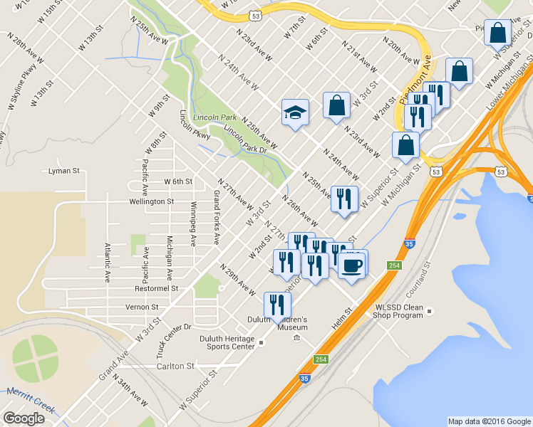 map of restaurants, bars, coffee shops, grocery stores, and more near 2615 West 3rd Street in Duluth