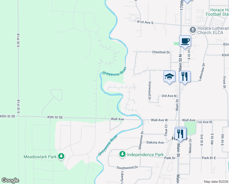 map of restaurants, bars, coffee shops, grocery stores, and more near 602 Sheyenne Street in Horace