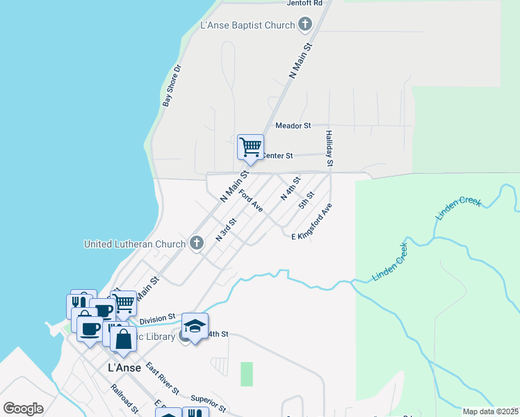 map of restaurants, bars, coffee shops, grocery stores, and more near Ford Avenue in L'Anse