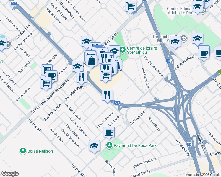 map of restaurants, bars, coffee shops, grocery stores, and more near 3350 Rue France-Prime in Québec