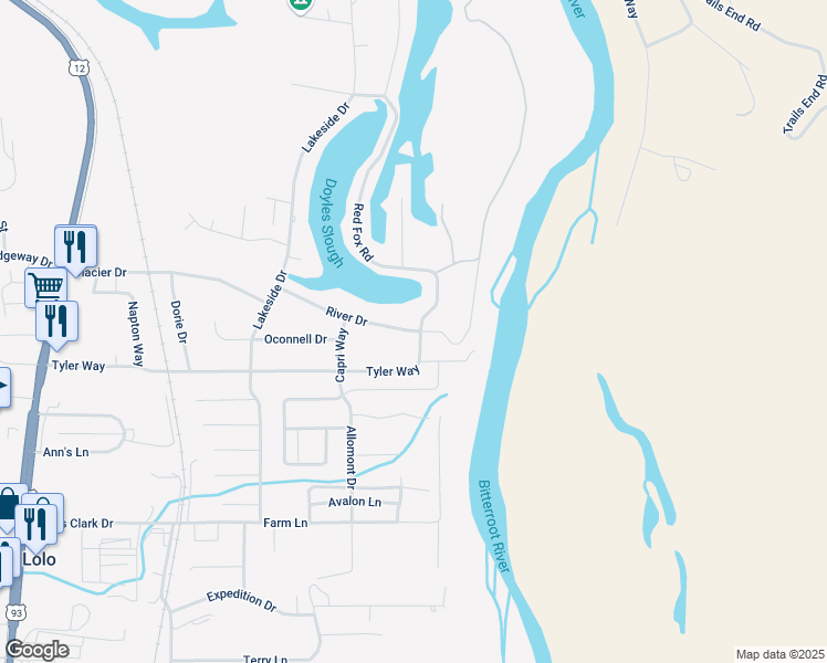 map of restaurants, bars, coffee shops, grocery stores, and more near 501 River Drive in Lolo