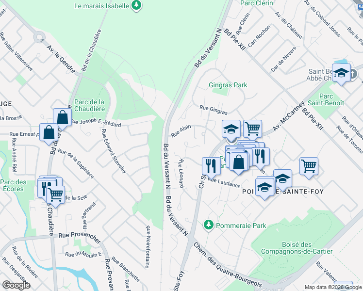 map of restaurants, bars, coffee shops, grocery stores, and more near 3740 Rue Destor in Québec