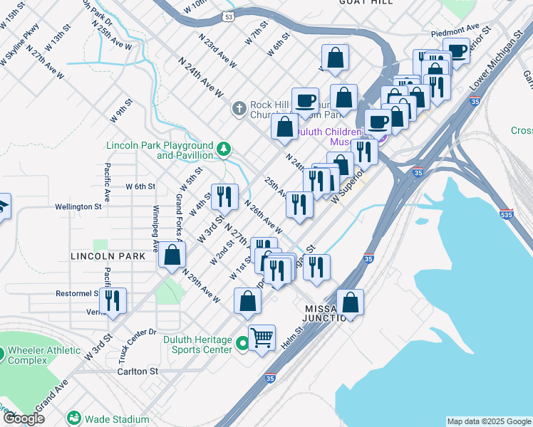 map of restaurants, bars, coffee shops, grocery stores, and more near 2530 West 2nd Street in Duluth