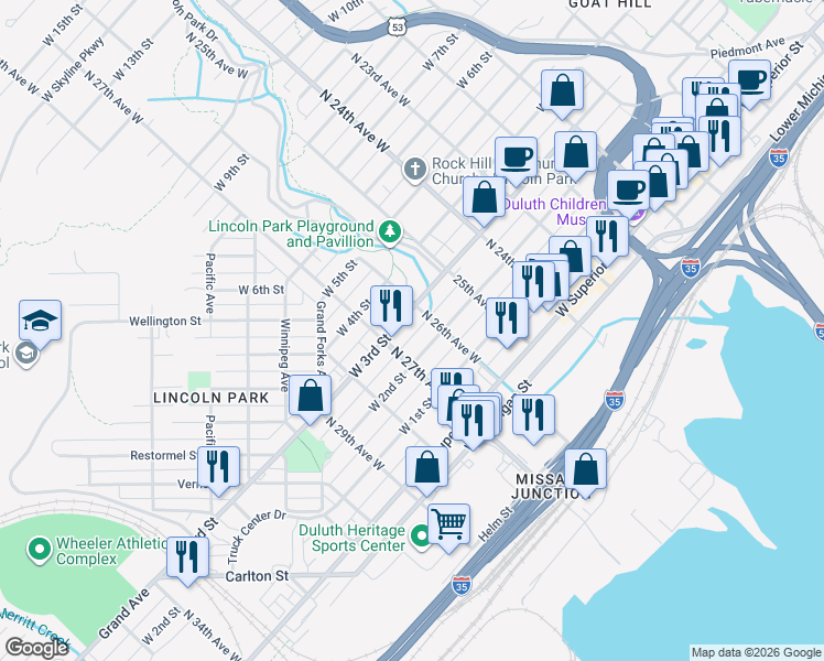 map of restaurants, bars, coffee shops, grocery stores, and more near 2614 West 3rd Street in Duluth