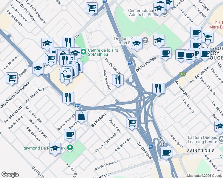 map of restaurants, bars, coffee shops, grocery stores, and more near 3140 Boulevard Hochelaga in Québec