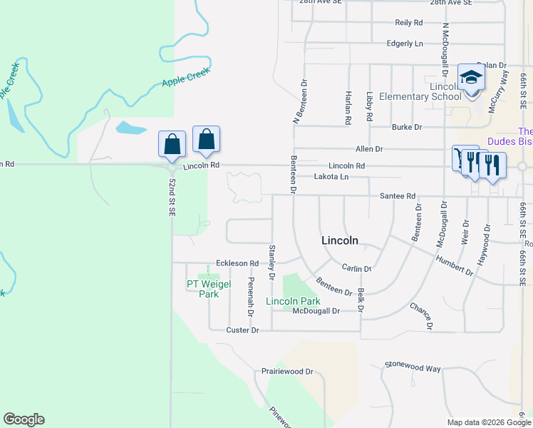 map of restaurants, bars, coffee shops, grocery stores, and more near 6 Santee Road in Lincoln