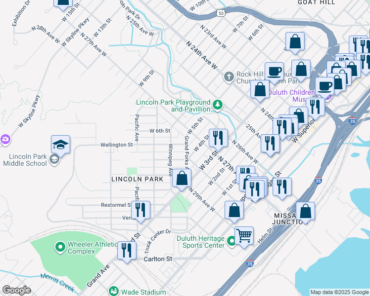 map of restaurants, bars, coffee shops, grocery stores, and more near 2753 Wellington Street in Duluth