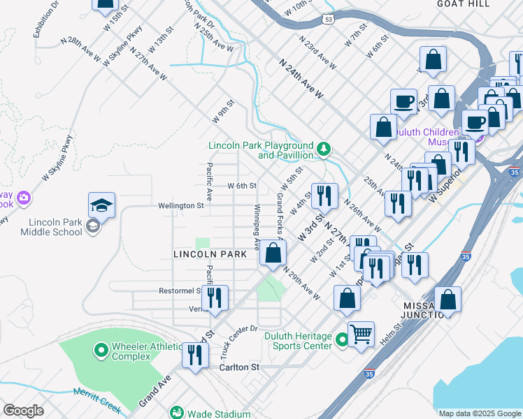 map of restaurants, bars, coffee shops, grocery stores, and more near 2772 Wellington Street in Duluth