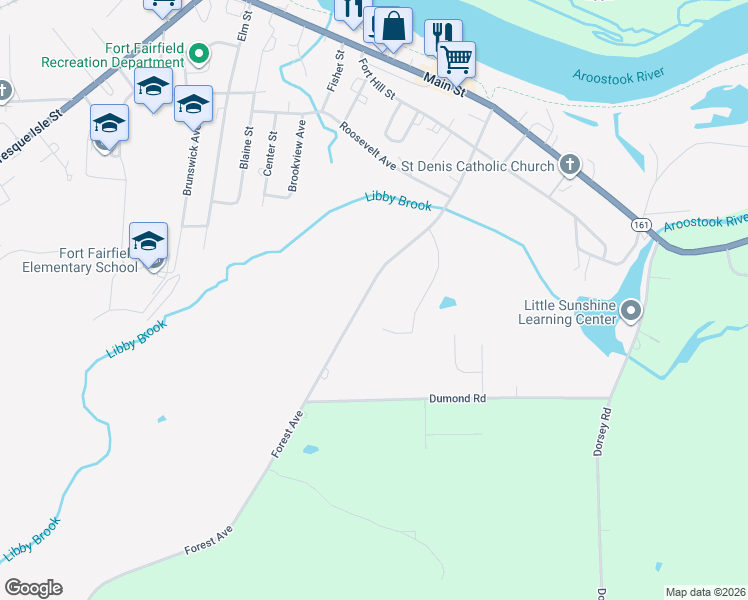 map of restaurants, bars, coffee shops, grocery stores, and more near 91 Forest Avenue in Fort Fairfield