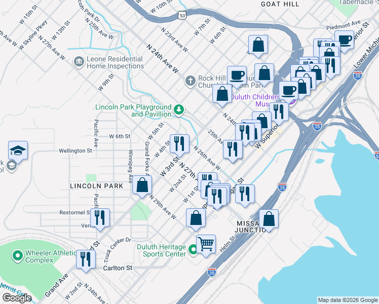 map of restaurants, bars, coffee shops, grocery stores, and more near 2609 West 3rd Street in Duluth